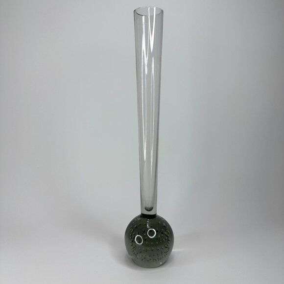 Vintage MCM Handblown Glass Bud Vase Controlled Bubble Smoky Gray 9.5"X2" Flower - Picture 1 of 9